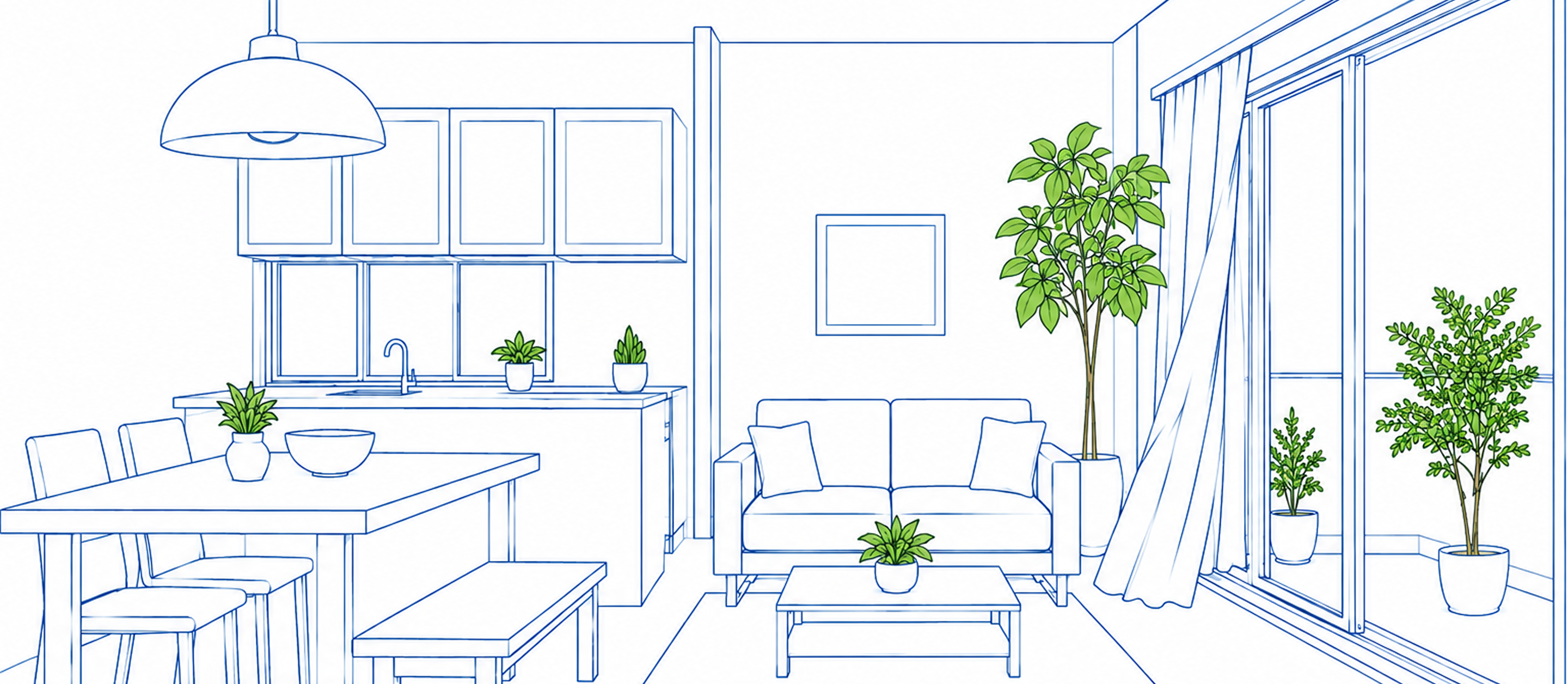 Line illustration of a ventilated open-plan living and dining space