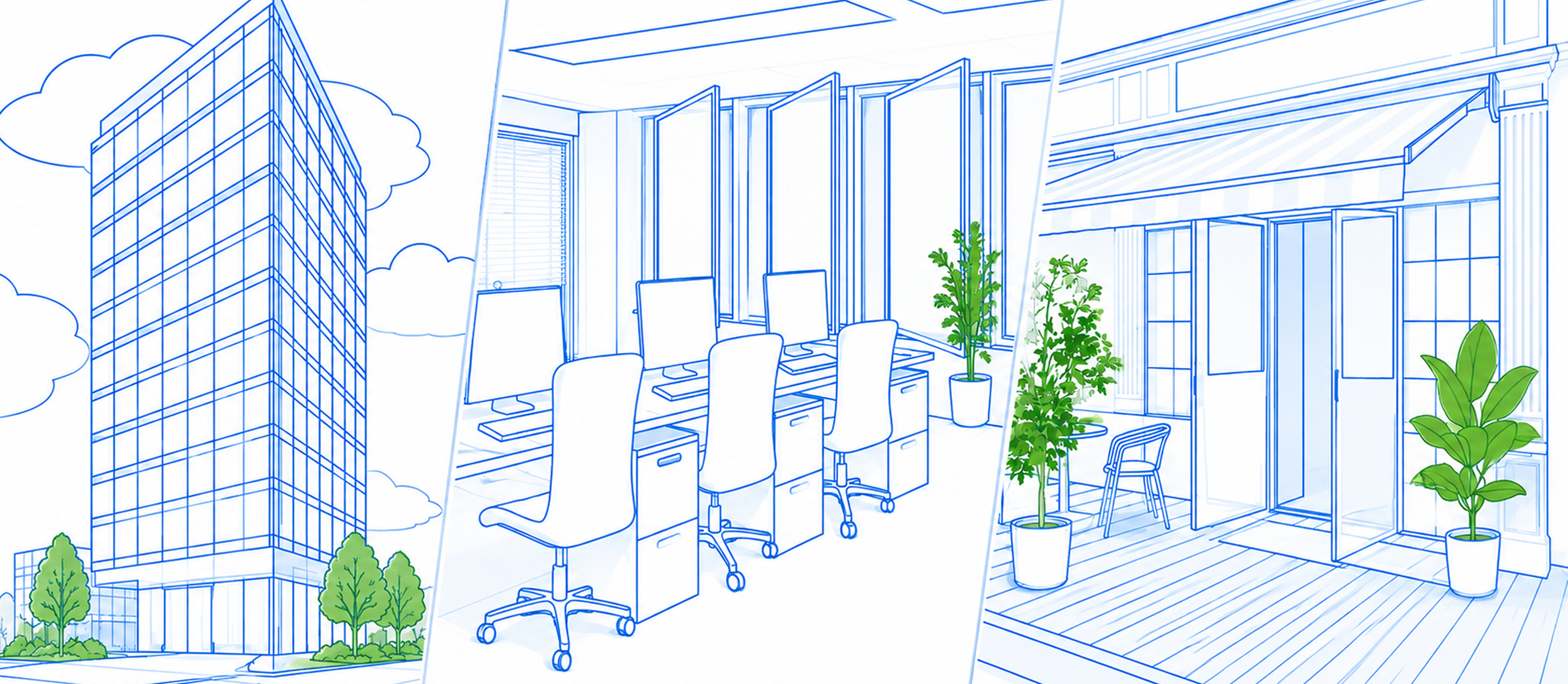 Line illustration of an office block, a naturally ventilated workspace and a planted balcony