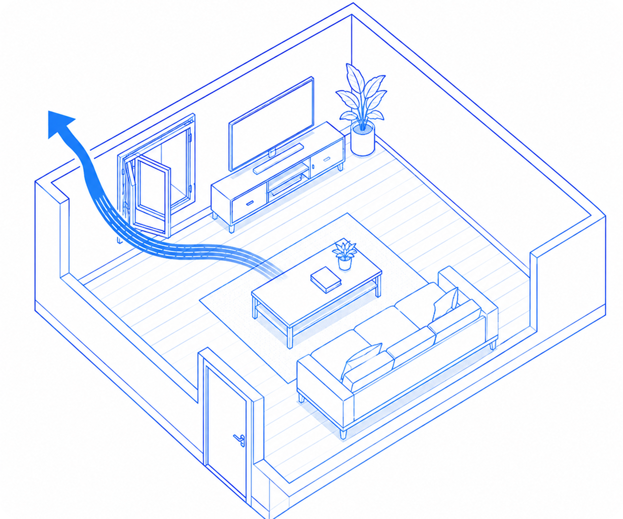 Room diagram showing airflow looping back out of a window on the same wall, leaving most of the room unventilated