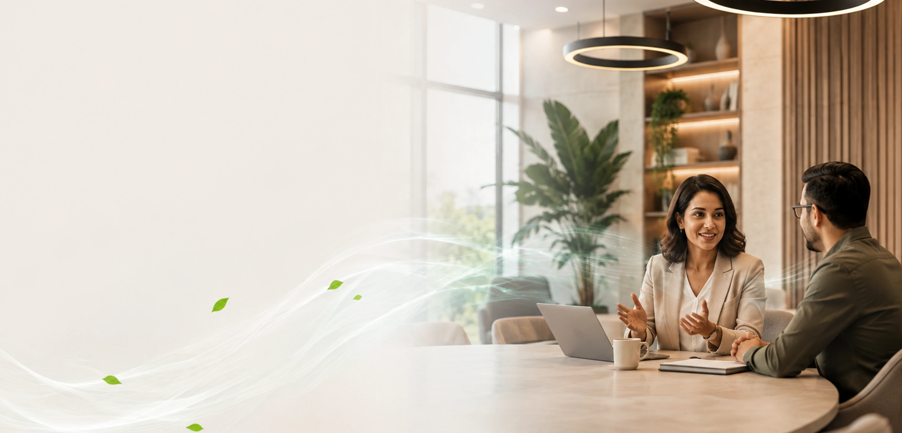 Two colleagues in conversation at a meeting table