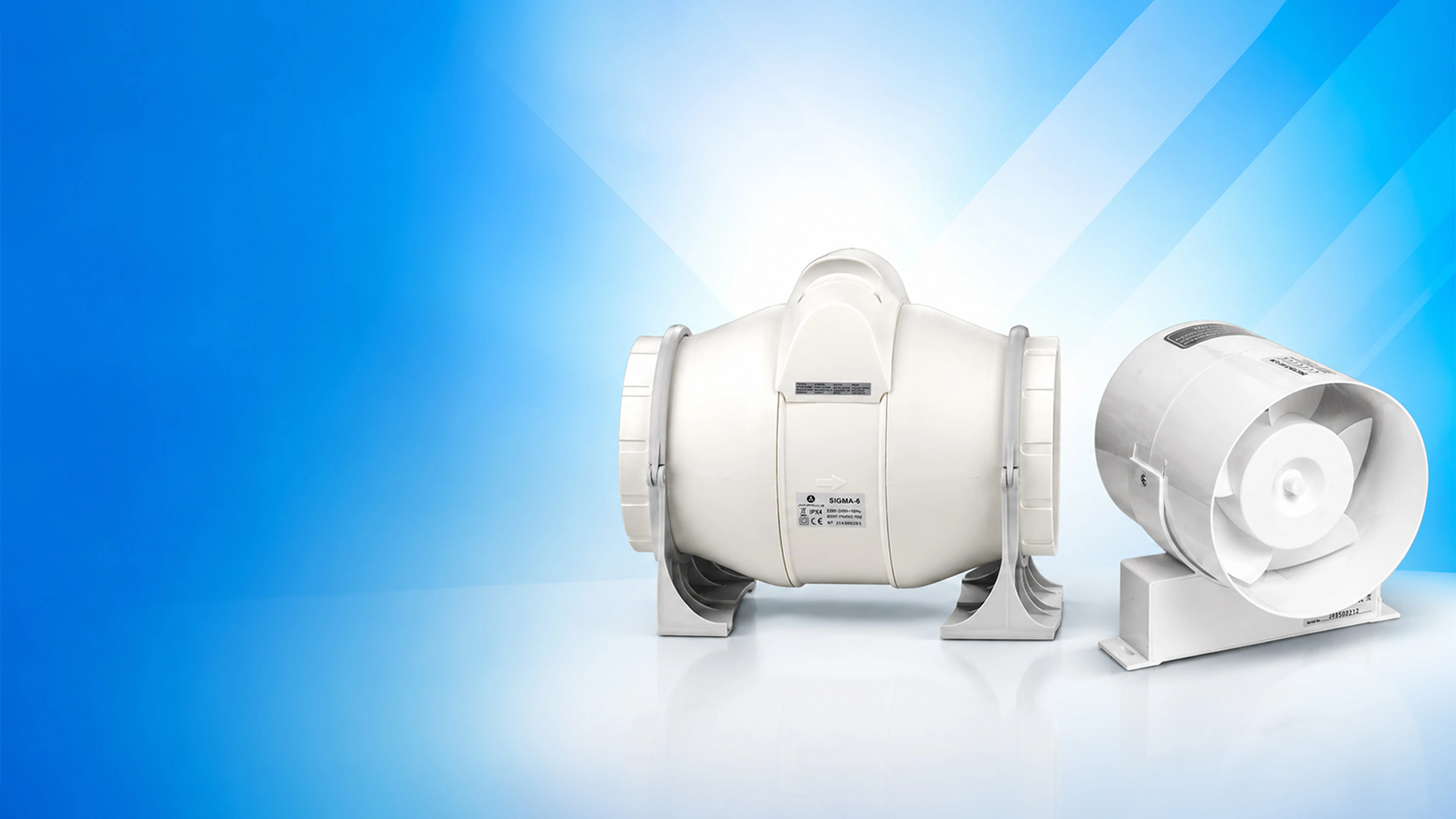 Two inline duct fans against a blue background