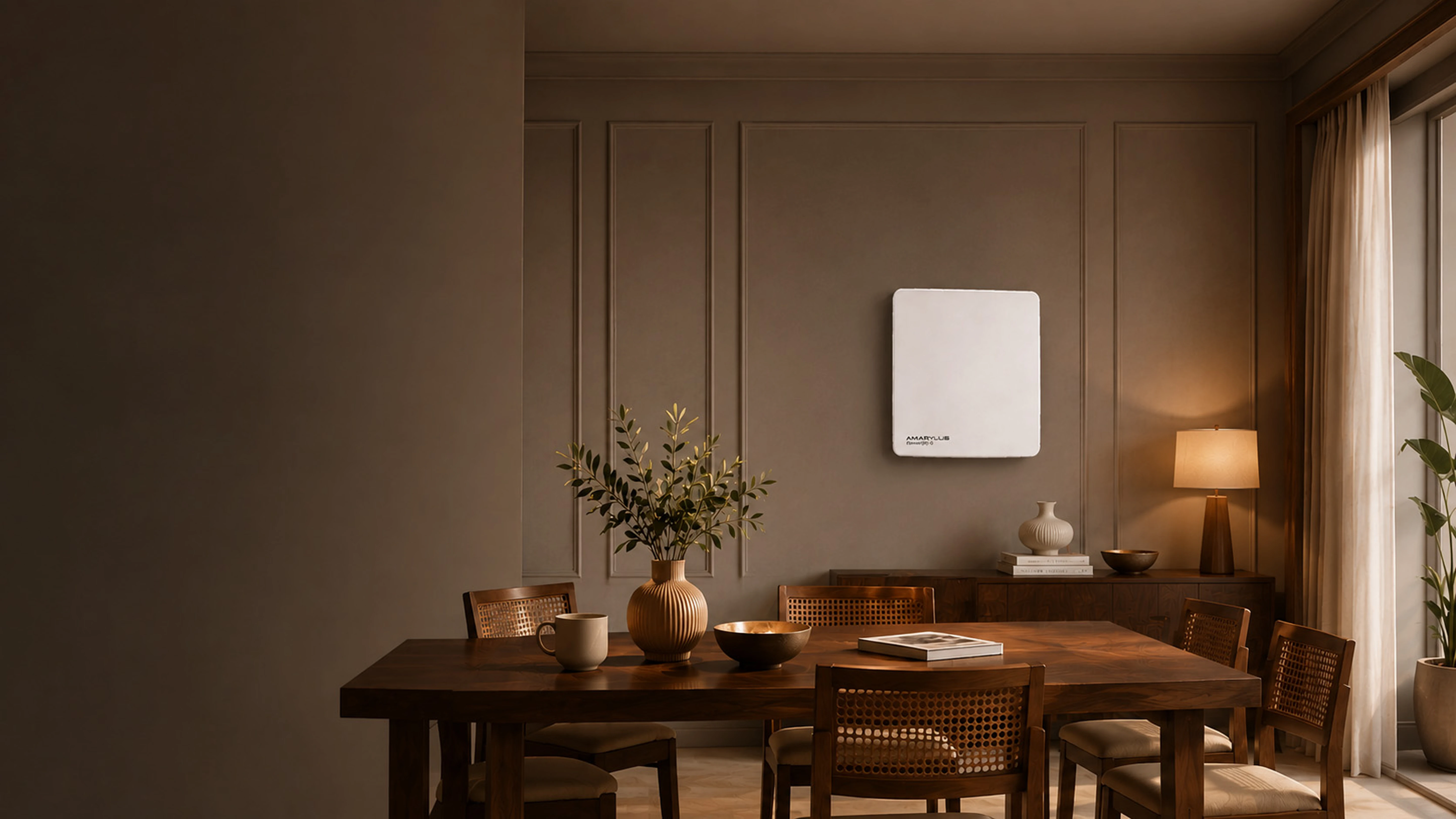 Multipurpose exhaust fan mounted on a wall in a warm dining room